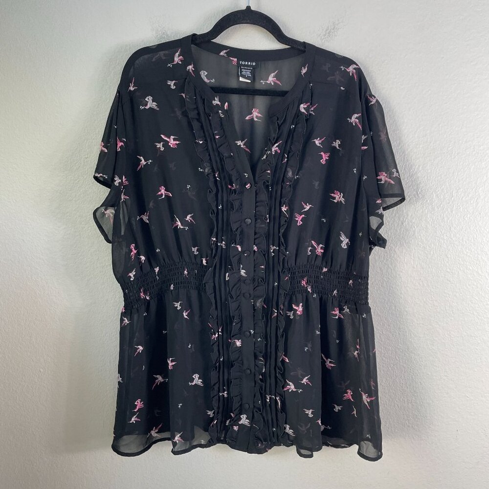 Torrid Womens Plus 3X Black Sheer Ruffle Front Hummingbird Tunic‎ Top Blouse